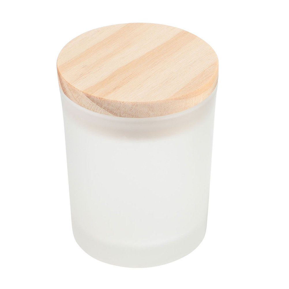 蓋付きの空のガラス瓶。木製の蓋が付いており、アロマキャンドル - Candle Making Homewood のレビューと価格